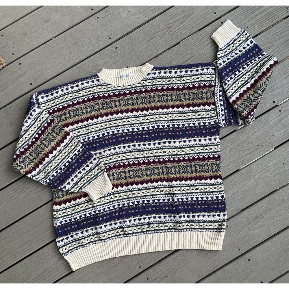 Vintage Ashley Mens 3X Sweater 100% Cotton Made USA Fair Isle Nordic Pullover